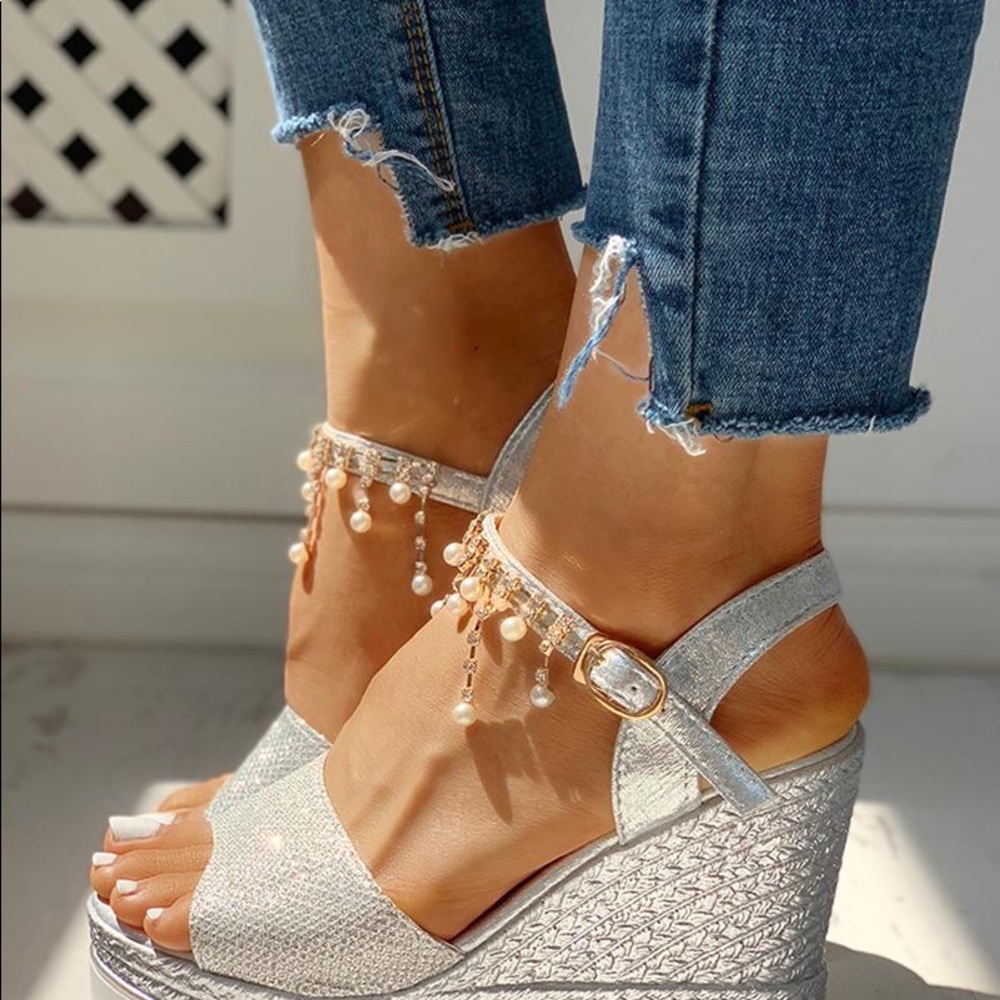 NEVER WORN Silver jeweled wedges